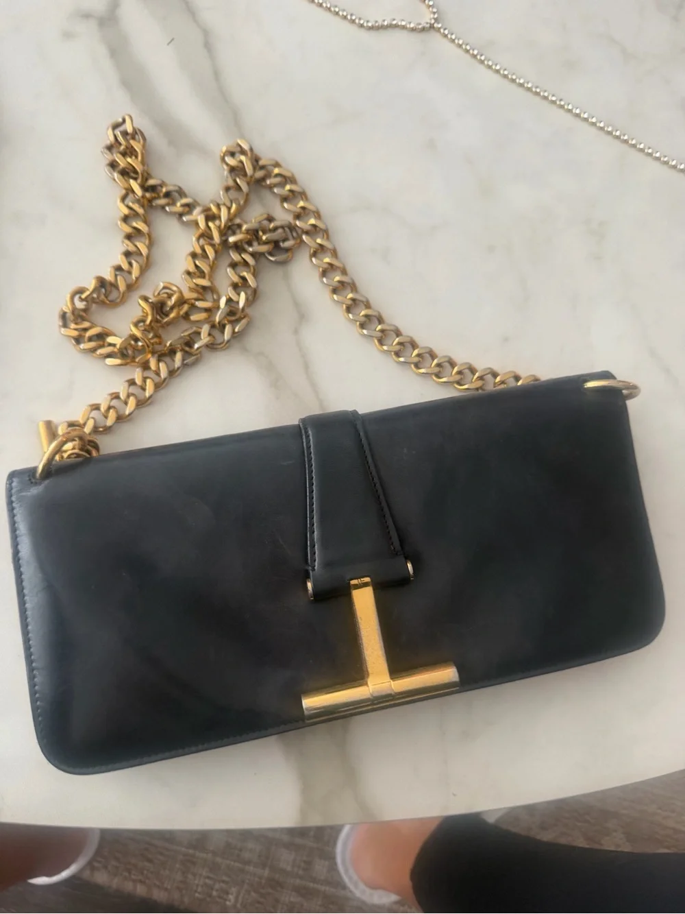 Tom Ford Black Leather Shoulder Bag with Gold Hardware